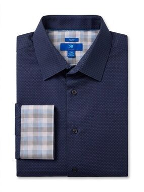 Egara Slim Fit Navy Dress Shirt with Pink Dot Pattern XXL